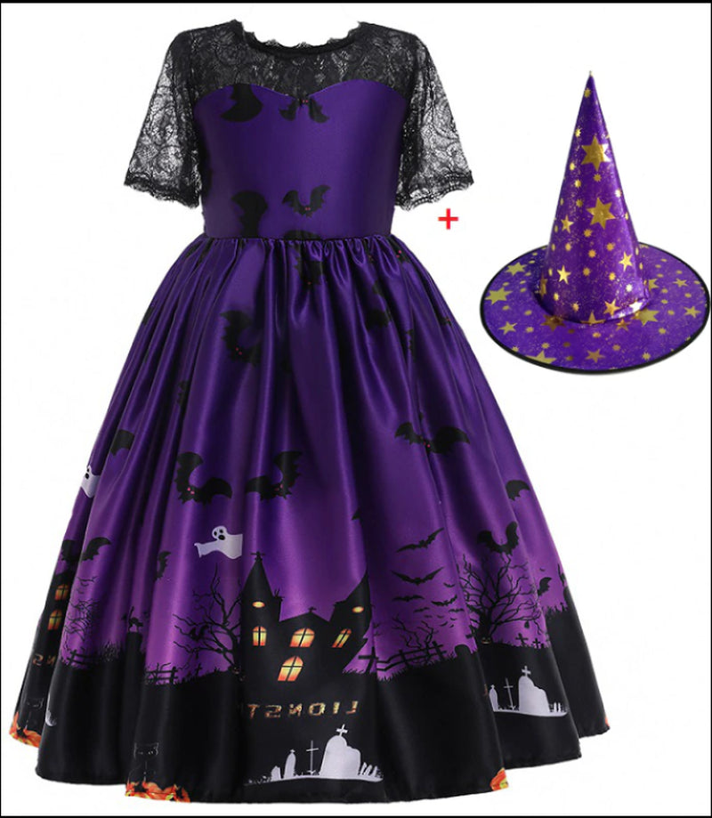 Robe de princesse d’Halloween en tulle imprimé avec chapeau — couverture