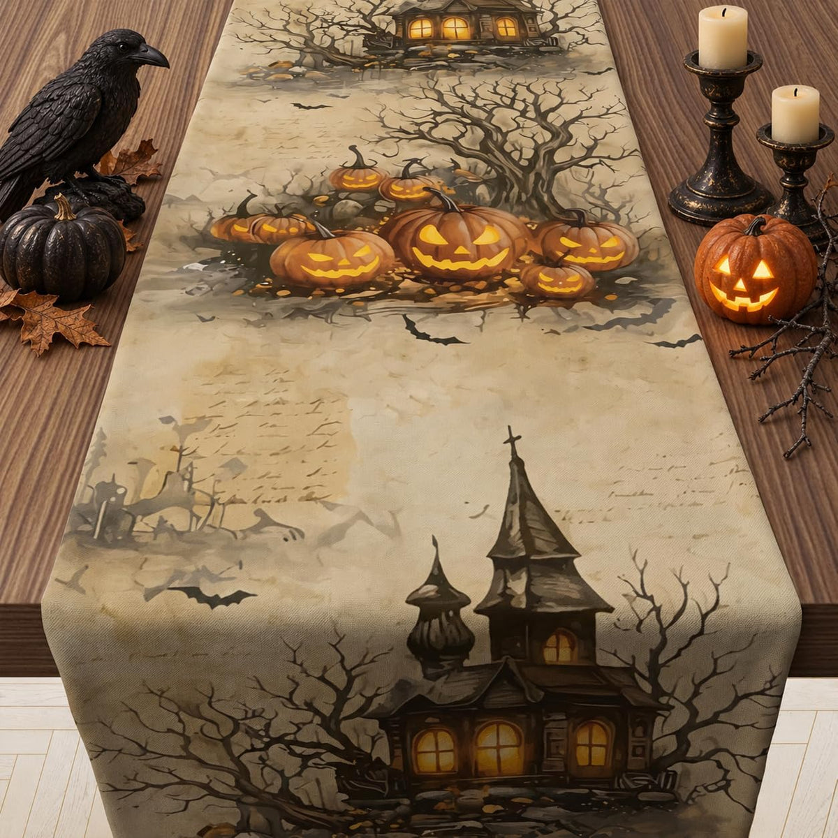 Décorations de fête d'Halloween – Chemin de table « Château et citrouille » — couverture