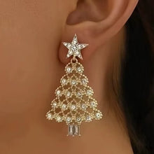 New Fashion Sweet Temperament Gold Color Christmas Tree Pendant Earrings for Women Christmas Light Luxury Shiny Party Jewelry