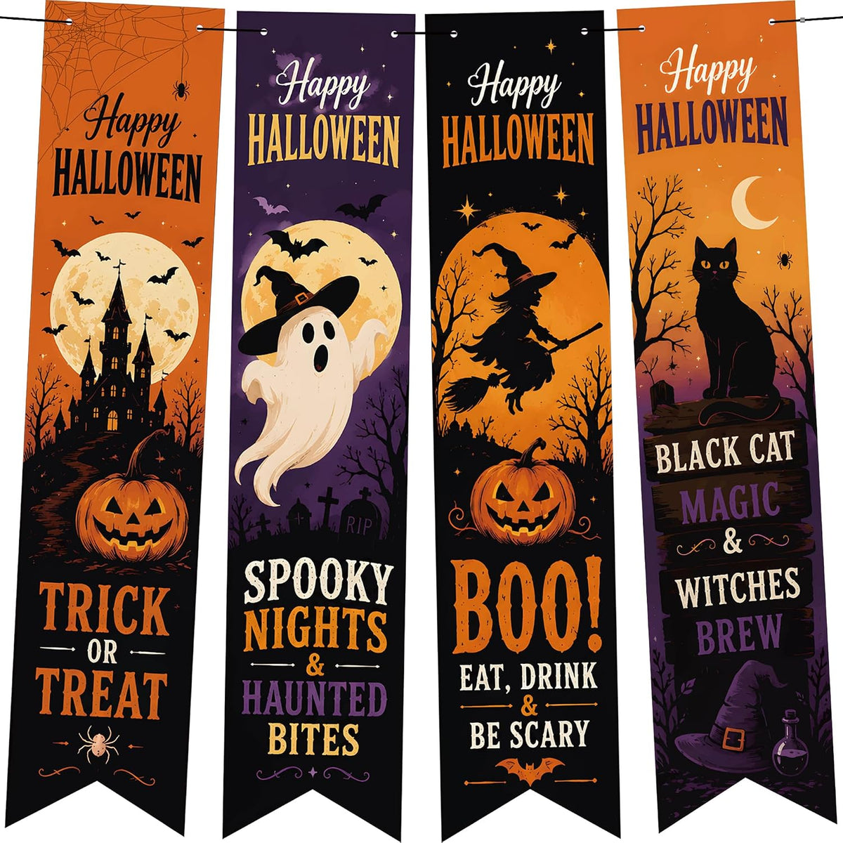 Décorations d'Halloween – Lot de 4 suspensions verticales « Happy Halloween »g Banners — couverture