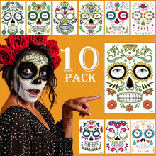 Day of the Dead Face Tattoos Makeup Kit, Sugar Skull Face Paint for Halloween Party Cosplay, 10 PCS Realistic Halloween Temporary Face Stickers for Adults Kids, Dia De Los Muertos Catrina Makeup
