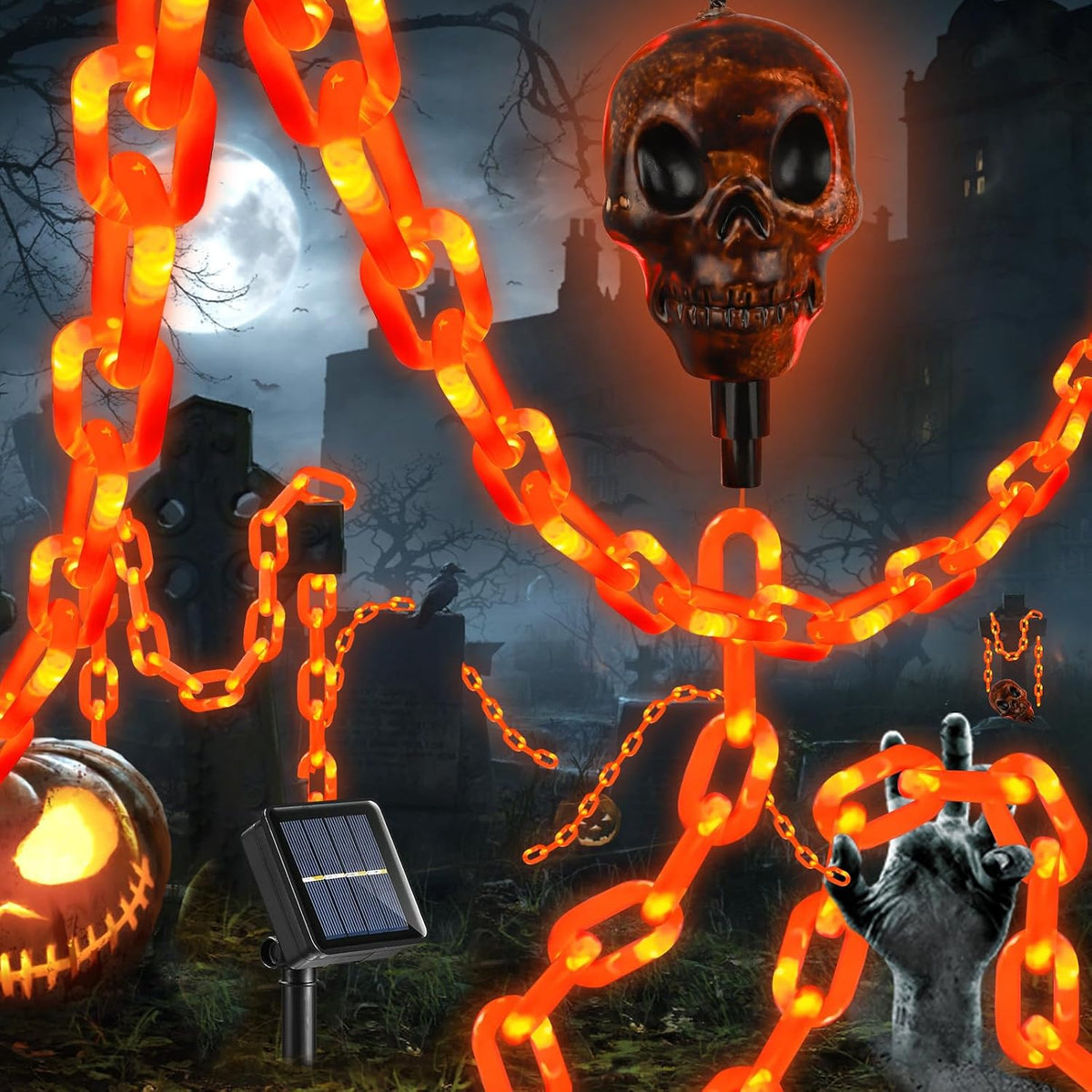 Guirlande solaire de crânes orange pour Halloween – 8 modes d’éclairage — couverture