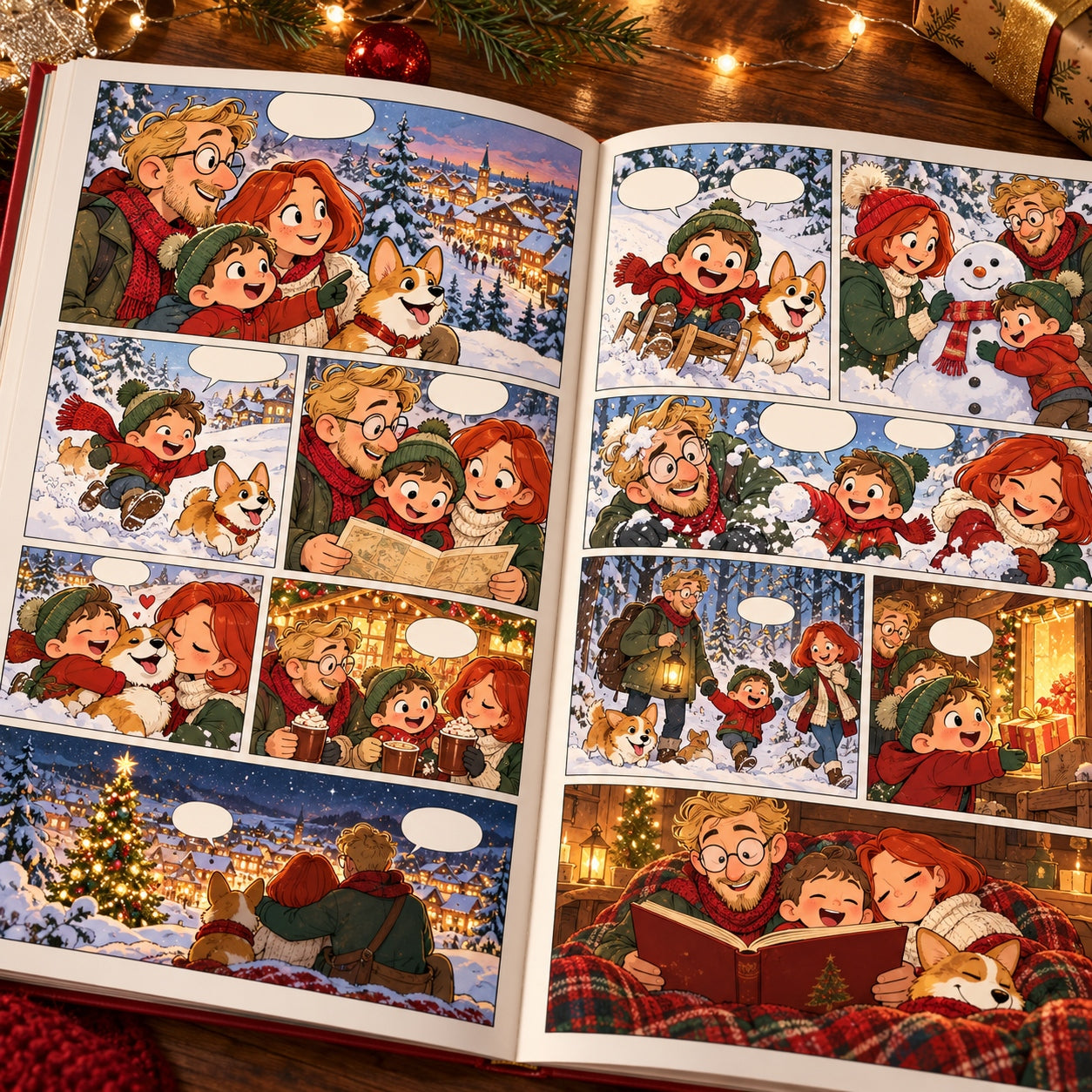 Exemple fictif de famille en bande dessinée caricaturée pour Noël