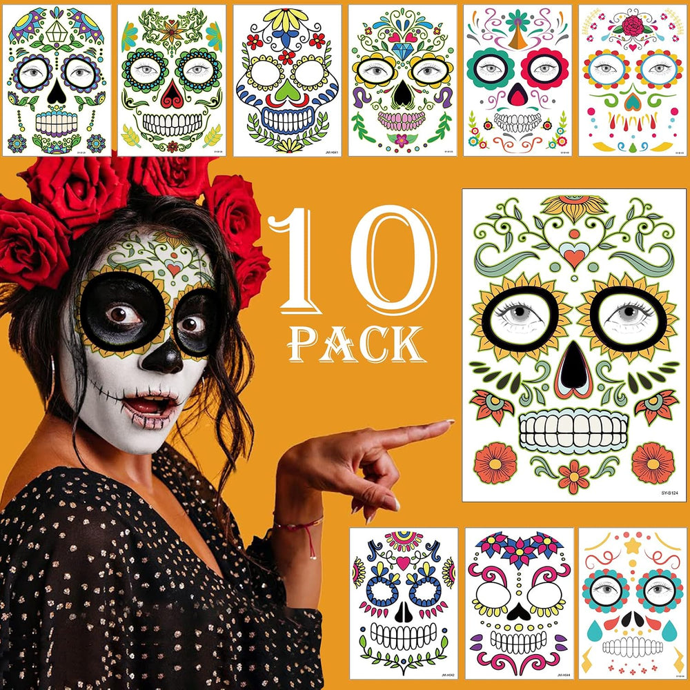 Day of the Dead Face Tattoos Makeup Kit, Sugar Skull Face Paint for Halloween Party Cosplay, 10 PCS Realistic Halloween Temporary Face Stickers for Adults Kids, Dia De Los Muertos Catrina Makeup