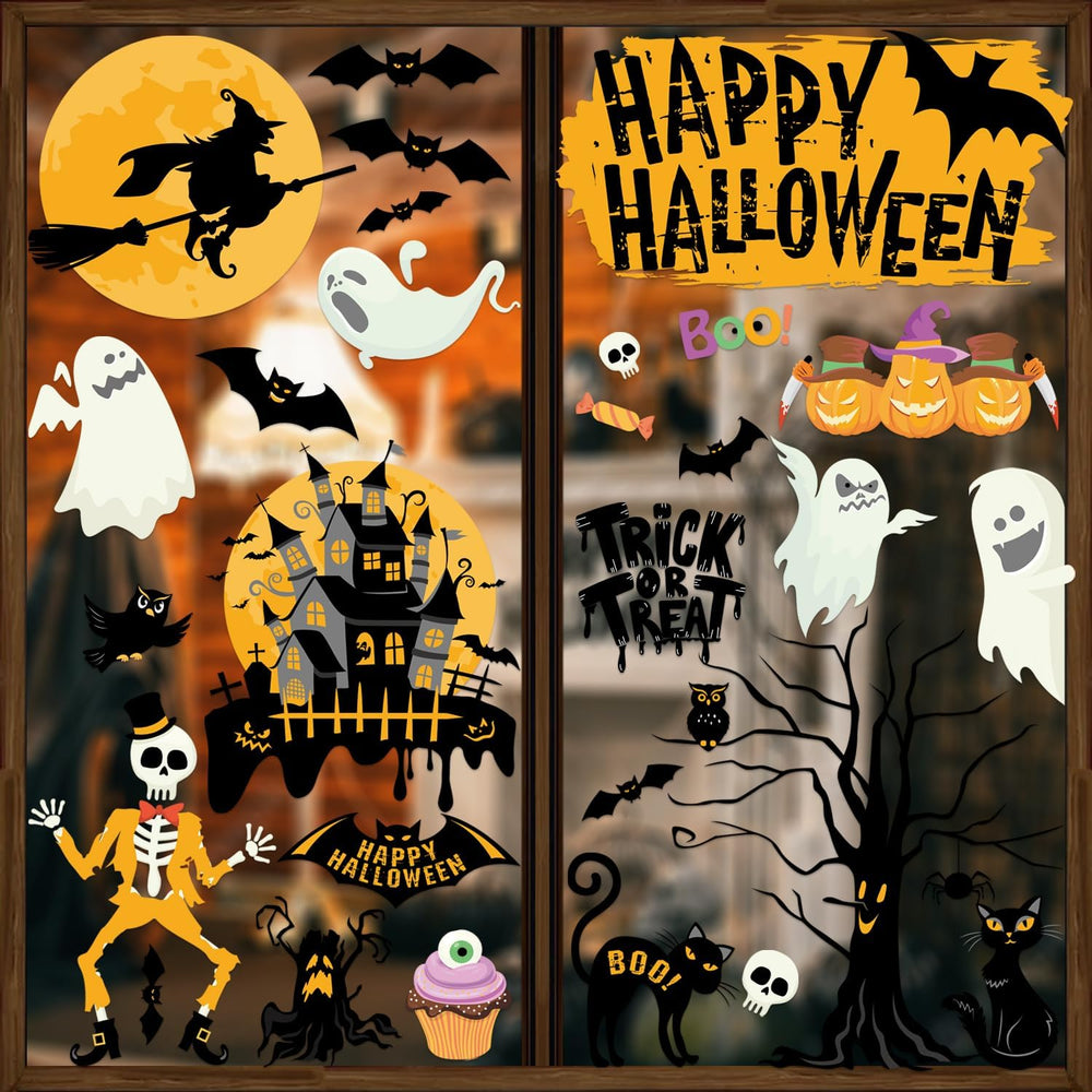 Halloween Window Clings Decor for Halloween Decorations, 6 Sheets Double Side Crows Bats Spiders Ghost Window Stickers Removable Glass Decals for Party Decorations Indoortions
