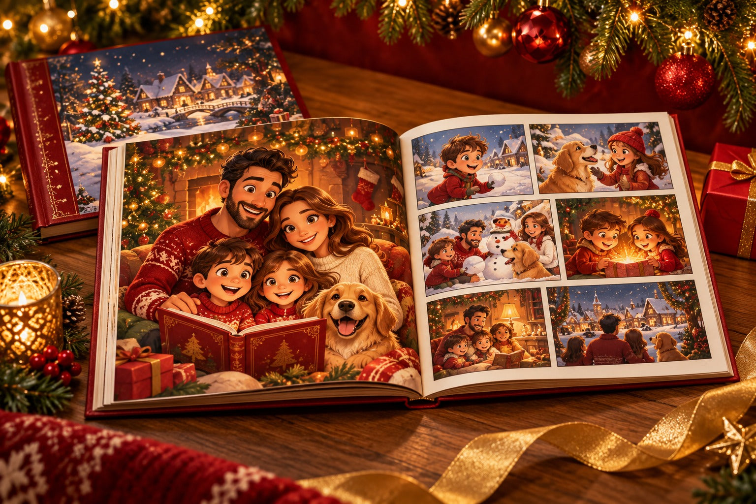 Exemple fictif d’une bande dessinée de Noël personnalisée, avec une famille en caricatures et plusieurs petites cases